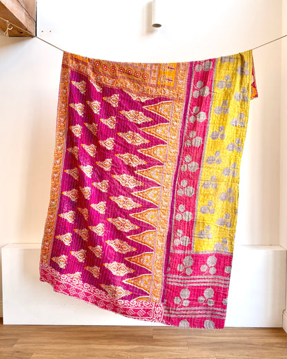 Vintage Cotton Kantha Quilt With Pink And Orange Diamond Pattern #40