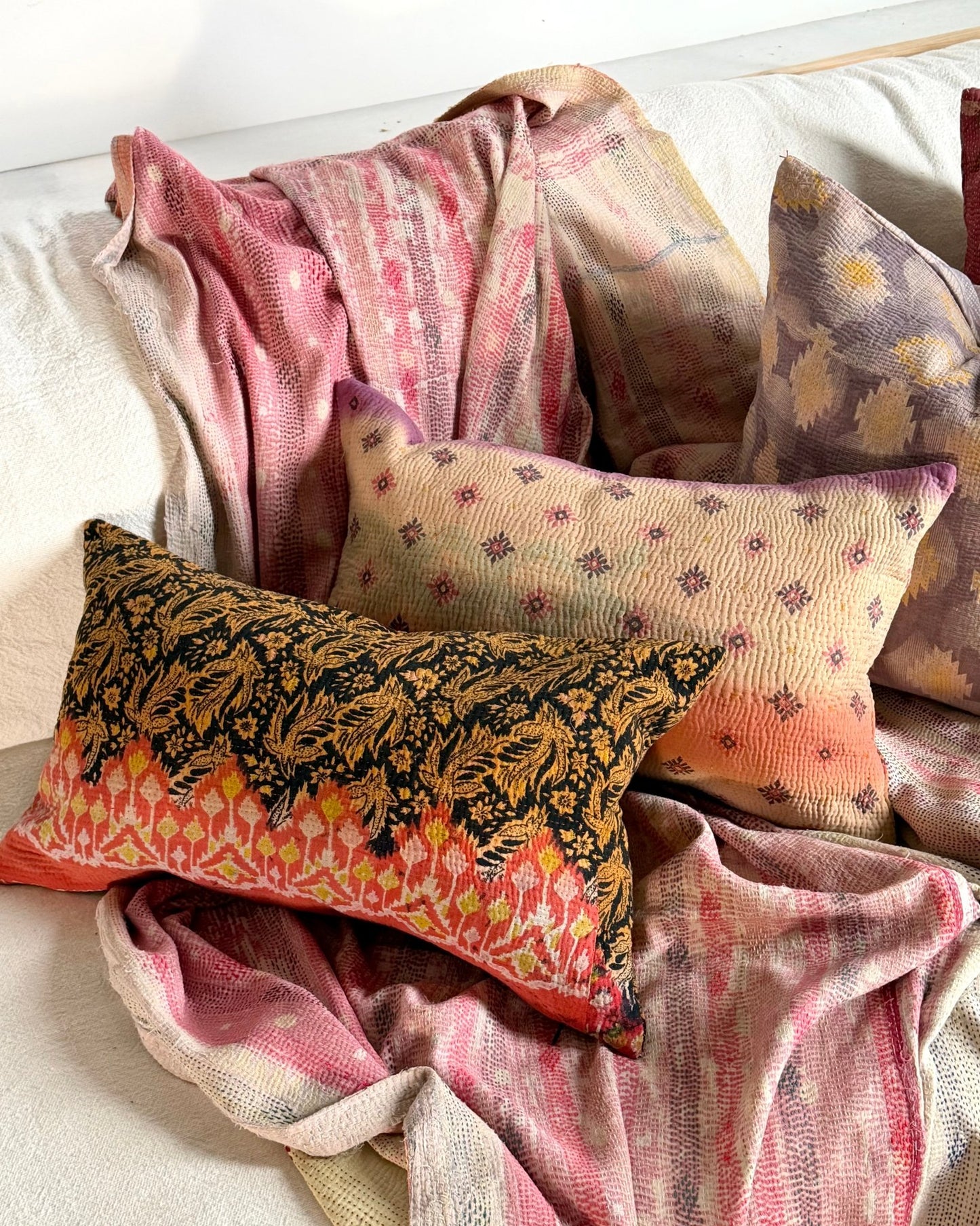 Vintage Kantha Cushion In Orange, Black and Gold - Small Rectangular - Biggs & Hill