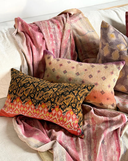 Vintage Kantha Cushion In Orange, Black and Gold - Small Rectangular - Biggs & Hill