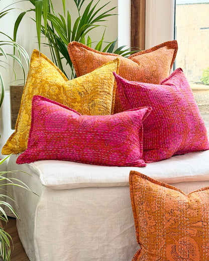 Sunshine Yellow Floral Block Printed Hand Stitched Square Kantha Cushion