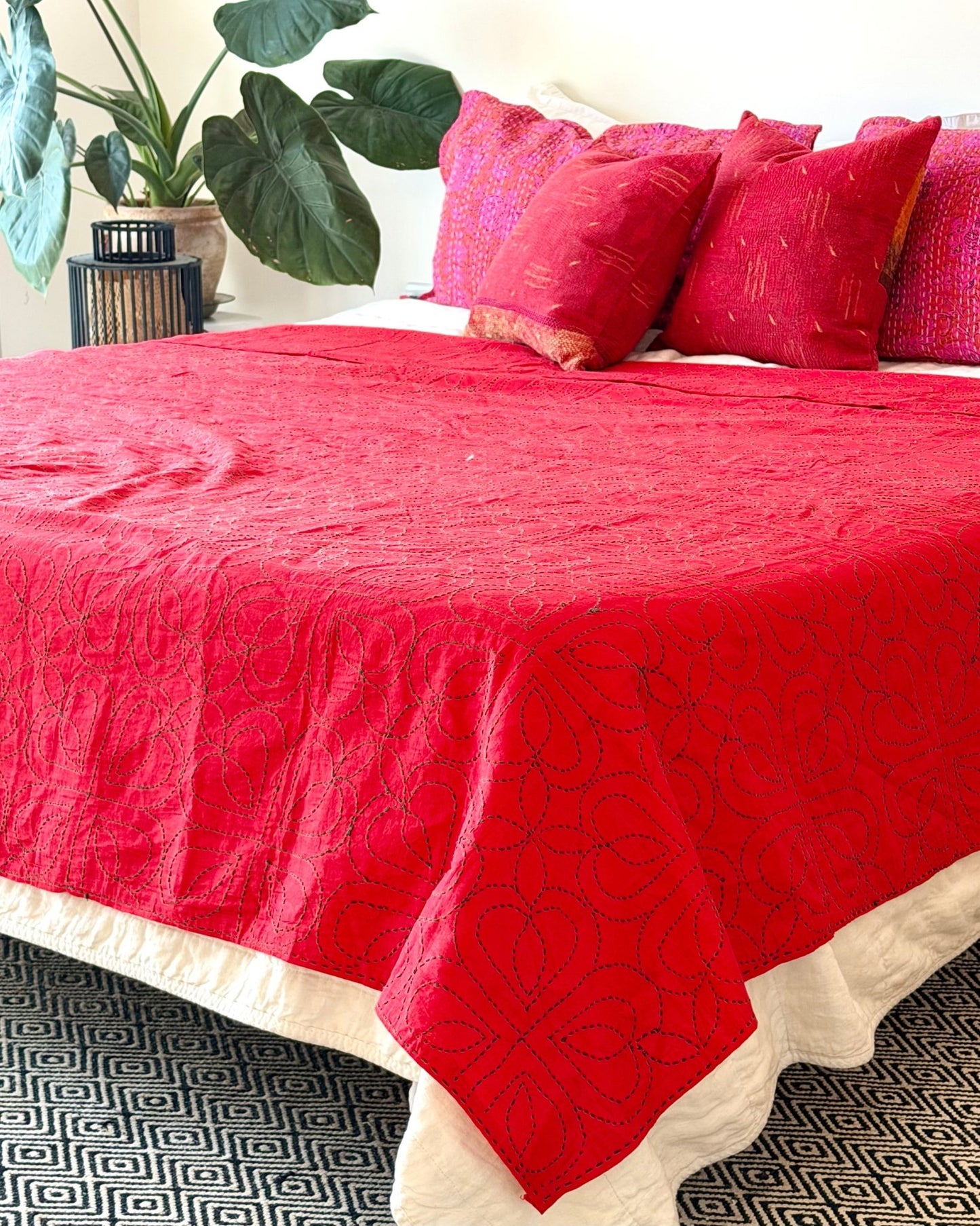 Embroidered Handmade Revival Nakshi Kantha Bedcover In Red - Biggs & Hill