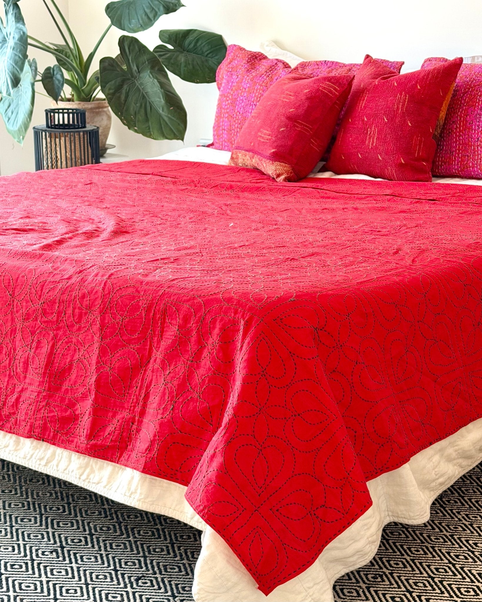 Embroidered Handmade Revival Nakshi Kantha Bedcover In Red - Biggs & Hill