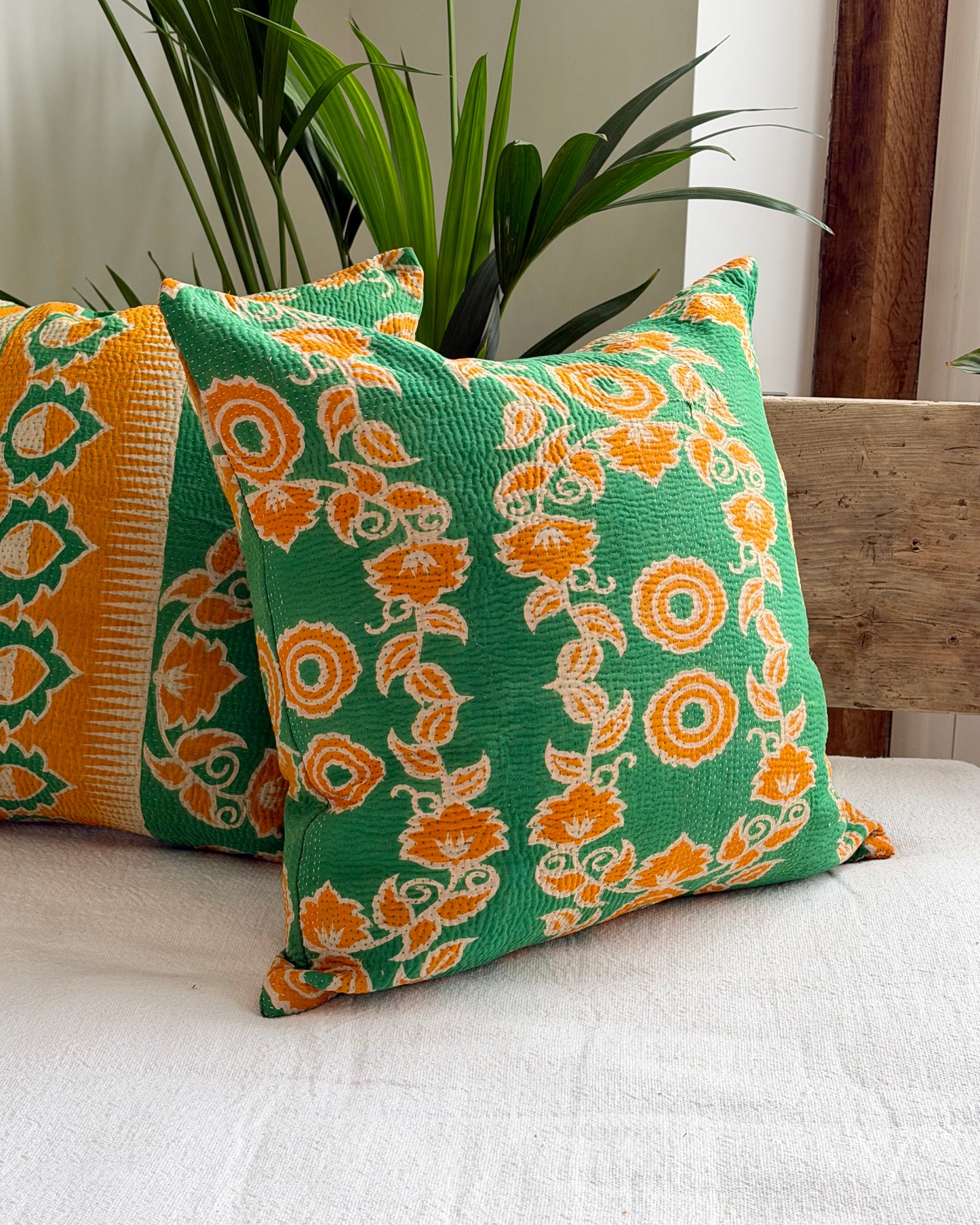 Vintage Kantha Cushion In Green and Orange- 45cm Square