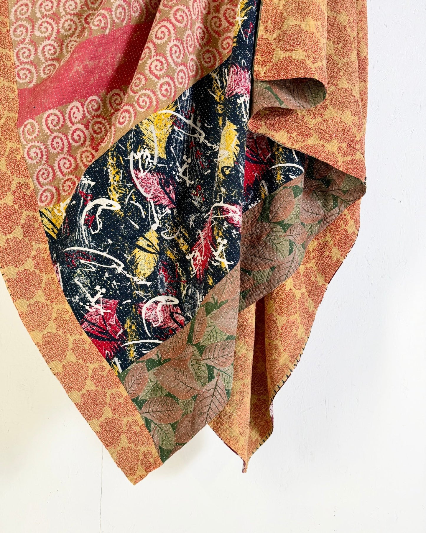 Large Fine Stitched Vintage Kantha Quilt in Pinks, Burgundy and Yelllows - Biggs & Hill