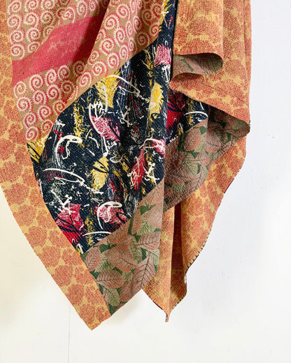 Large Fine Stitched Vintage Kantha Quilt in Pinks, Burgundy and Yelllows - Biggs & Hill