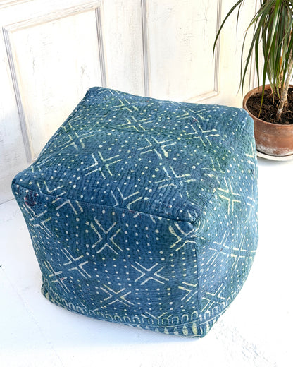 Cube Kantha Pouf Cushion Cover With Indigo Block Print