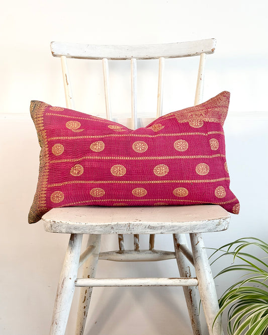 Vintage Kantha Cushion In Burgundy and Gold Dots - Small Rectangular