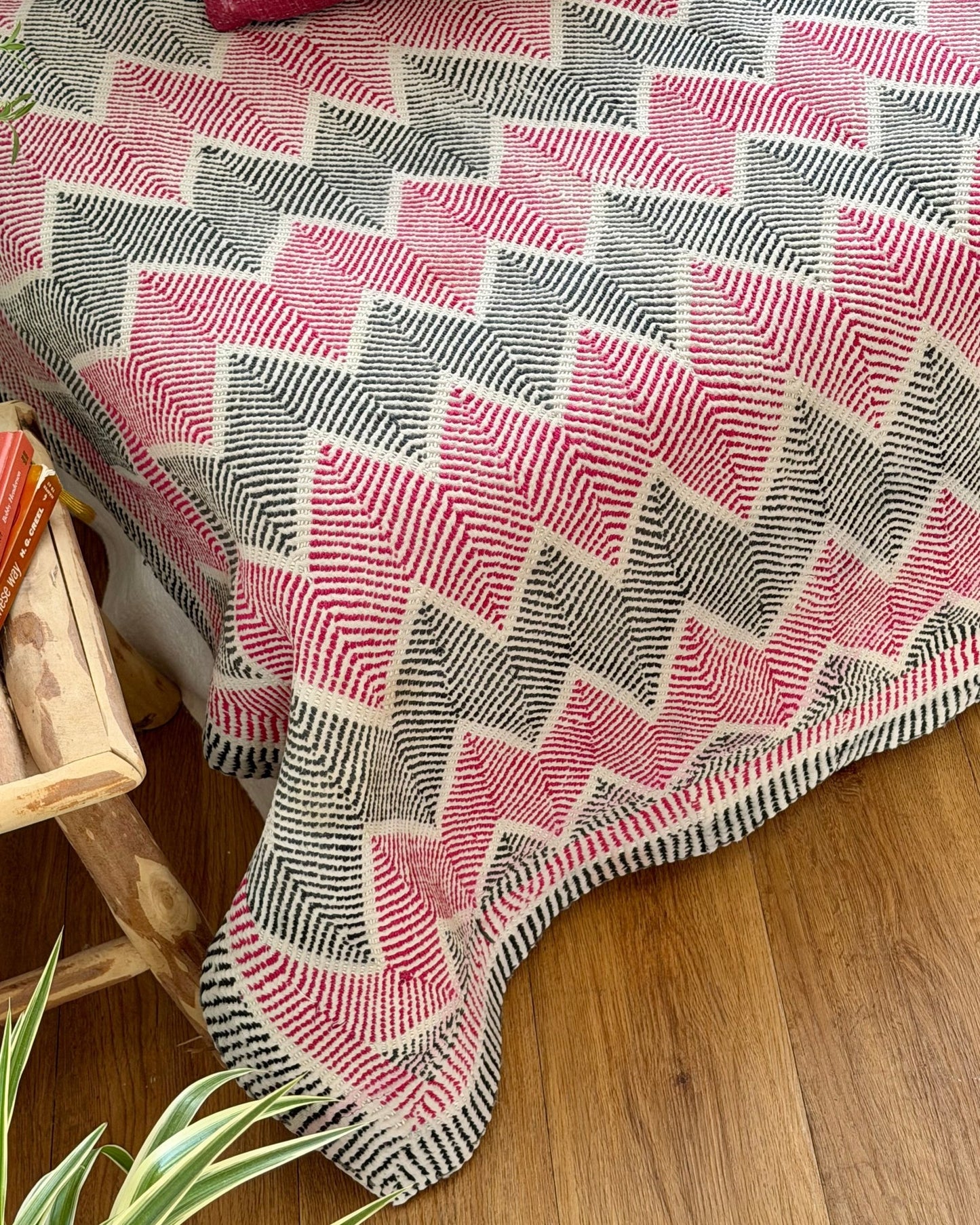 Heavy Vintage Lohori Kantha Quilt in Deep Pink and Black Zig Zags - Biggs & Hill