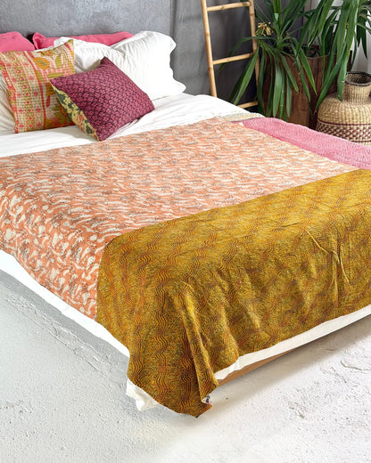 Fine Stitched Vintage Kantha Quilt in Peachy Pink and Mustard - Biggs & Hill