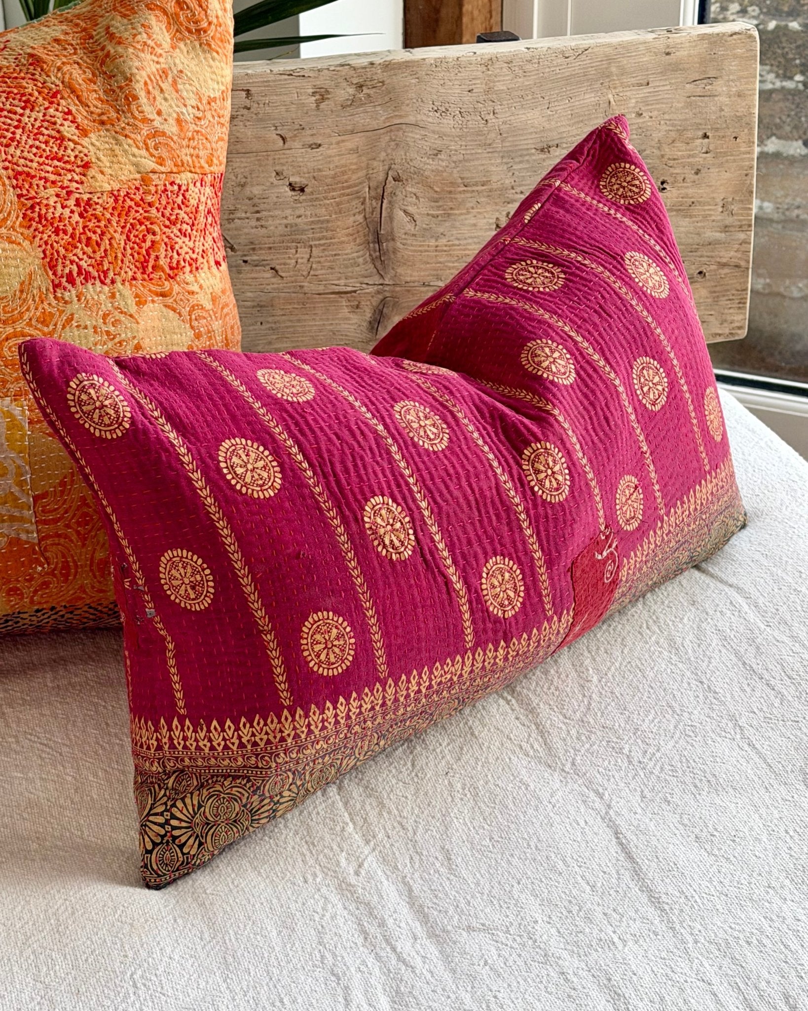 Vintage Kantha Cushion In Burgundy and Gold Dots - Small Rectangular - Biggs & Hill