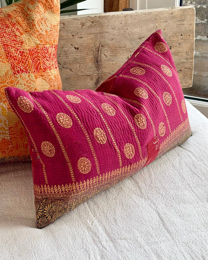 Vintage Kantha Cushion In Burgundy and Gold Dots - Small Rectangular - Biggs & Hill
