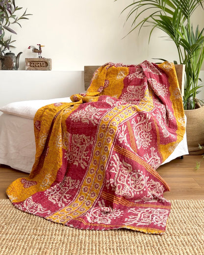 Sari Fabric Kantha Quilt In Yellow And Pink #34