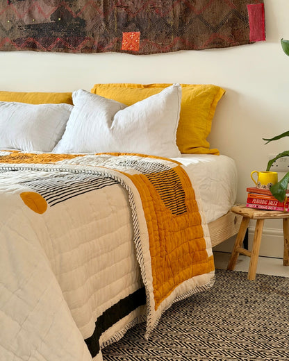 Quilted Kantha In Black, White and Orange With Geometric Squares - SUPER KING - Biggs & Hill