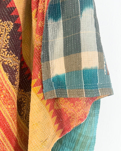 Extra Large Textured Vintage Kantha Quilt In Geometric Yellow, Black and Orange - Biggs & Hill