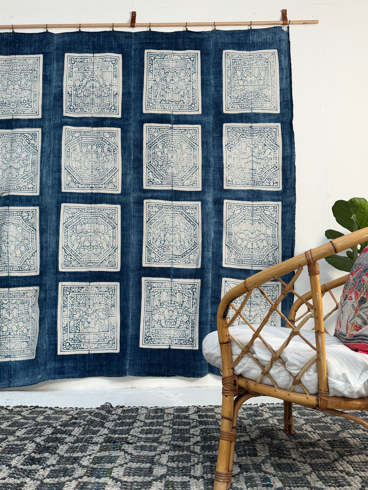 Vintage Chinese Blue Jiaxie Wedding Quilt Face – Drama Pattern
