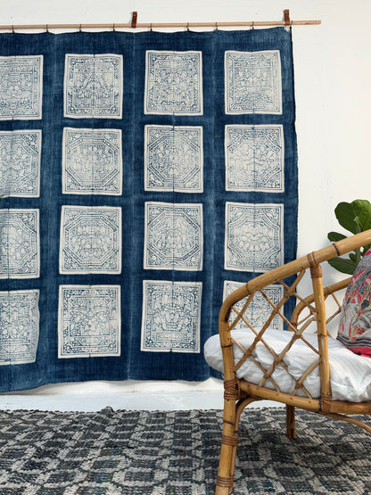 Vintage Chinese Blue Jiaxie Wedding Quilt Face – Drama Pattern