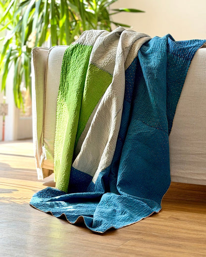 Fine Stitched Vintage Kantha Quilt in Patchwork Blue, White and Green - Biggs & Hill