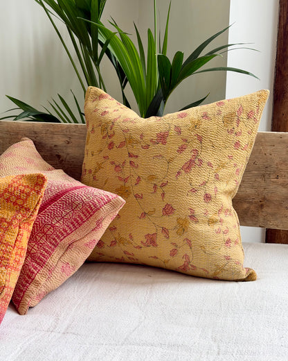 Vintage Kantha Cushion With Yellow Flowers - 45cm Square