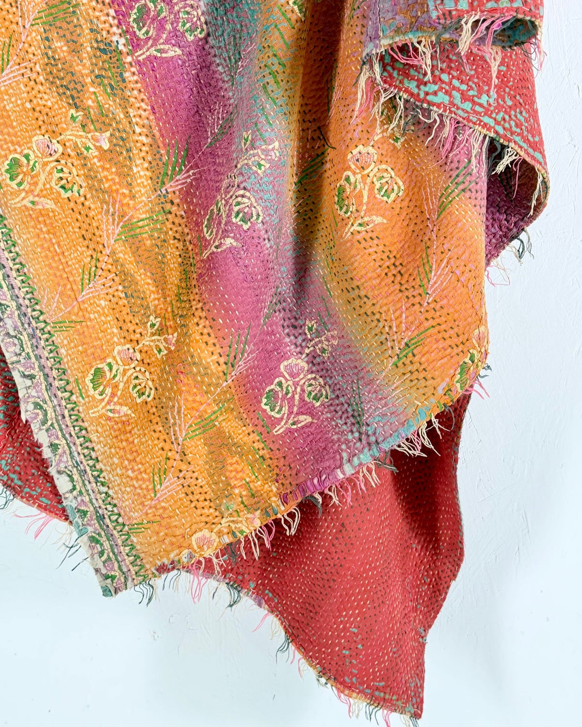 Textured Vintage Kantha Quilt in Pink and Yellow Stripes - Biggs & Hill