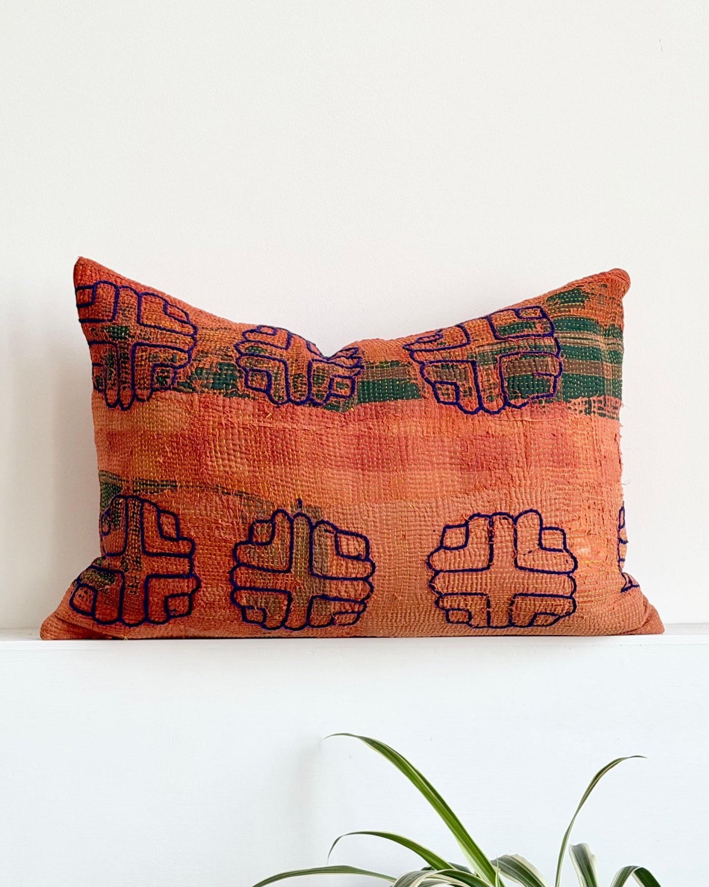 Vintage Kantha Cushion In Terracotta 03 - Large Rectangular - Biggs & Hill