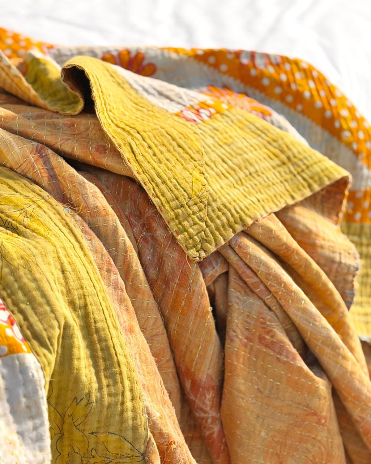 Large Fine Stitched Vintage Kantha Quilt in Yellow and Orange - Biggs & Hill