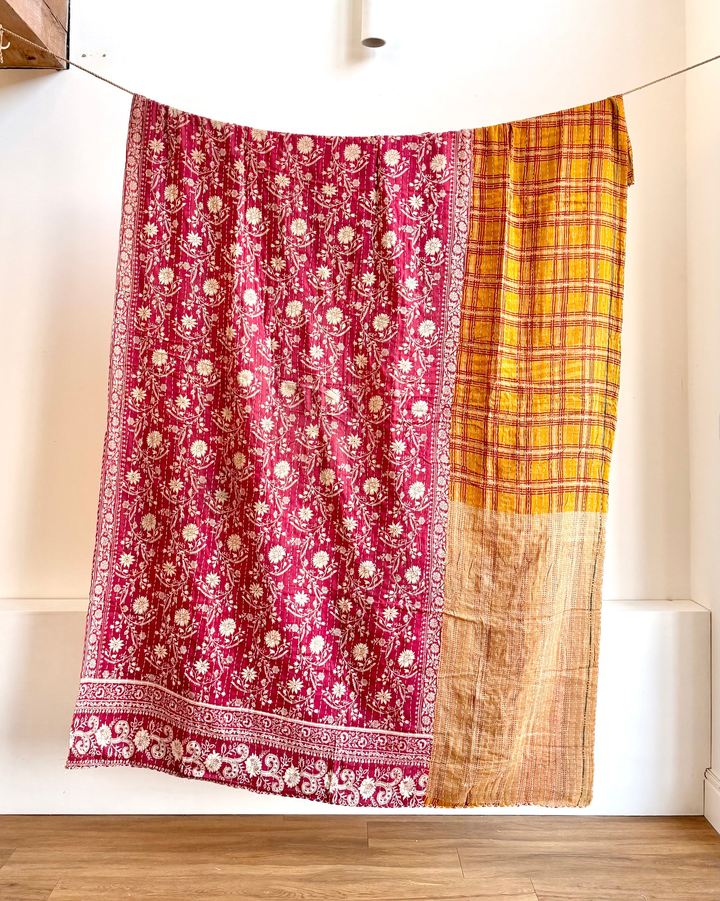 Vintage Cotton Kantha Quilt In Mustard And Red #42