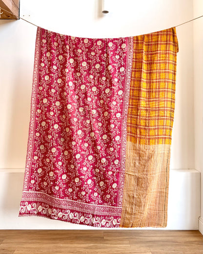 Vintage Cotton Kantha Quilt In Mustard And Red #42