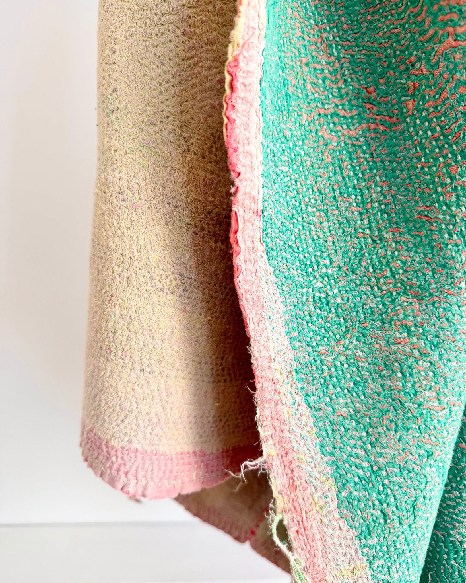 Project Kantha Quilt: Pink and Green With Authentic Aged Texture - Biggs & Hill