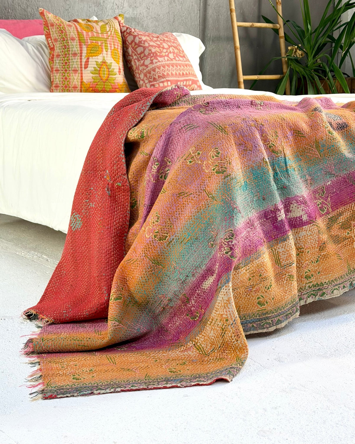 Textured Vintage Kantha Quilt in Pink and Yellow Stripes - Biggs & Hill