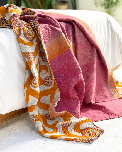Fine Stitched Vintage Kantha Quilt with Geometric Orange Patterns - Biggs & Hill