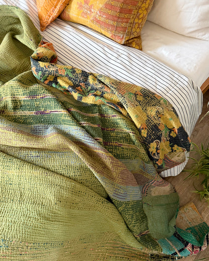 Large Textured Vintage Kantha Quilt In Green and Orange