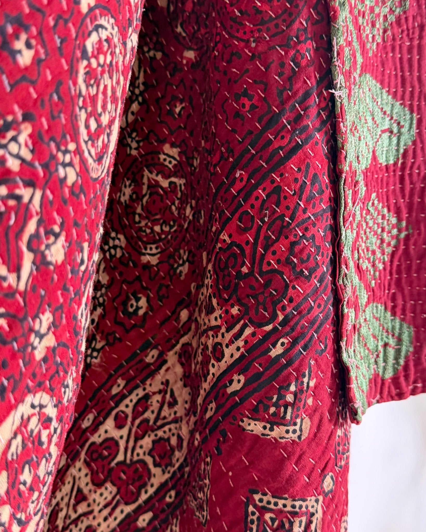 Extra Large Ajrakh Printed Vintage Kantha Quilt In Deep Red - Biggs & Hill