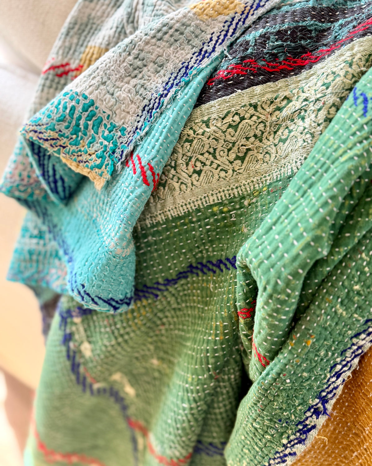 Extra Large Fine Stitched Embroidered Vintage Kantha Quilt in Green, Blue and Terracotta
