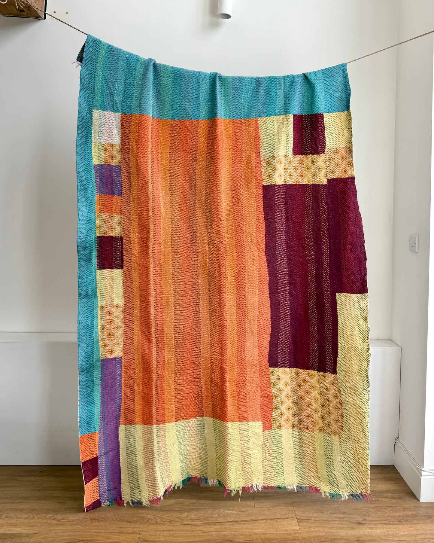 Large Heavy Kantha Blanket Quilt in Pink, Orange and Blue Colour Block