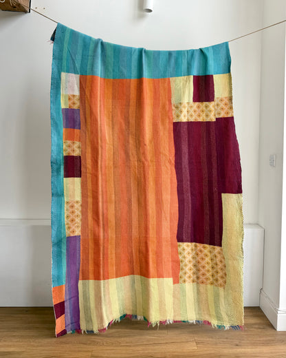 Large Heavy Kantha Blanket Quilt in Pink, Orange and Blue Colour Block