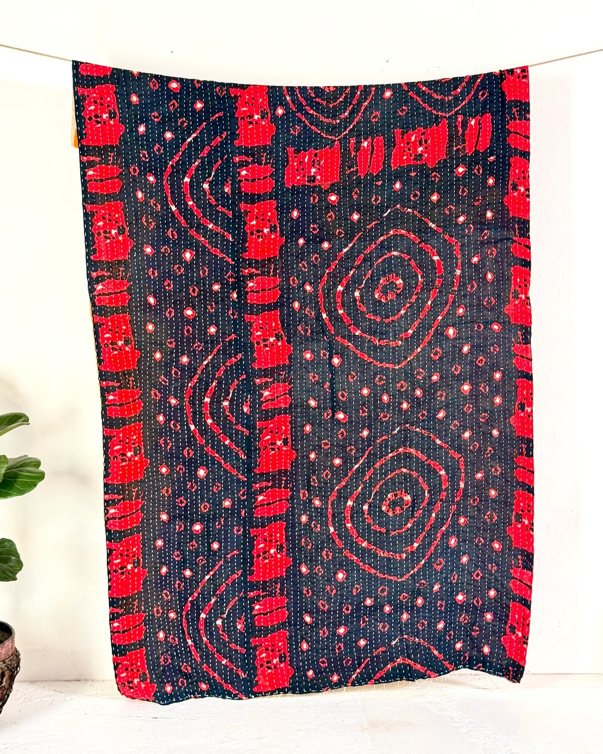 Vintage Cotton Kantha Quilt In Yellow, Black and Red 05 - Biggs & Hill