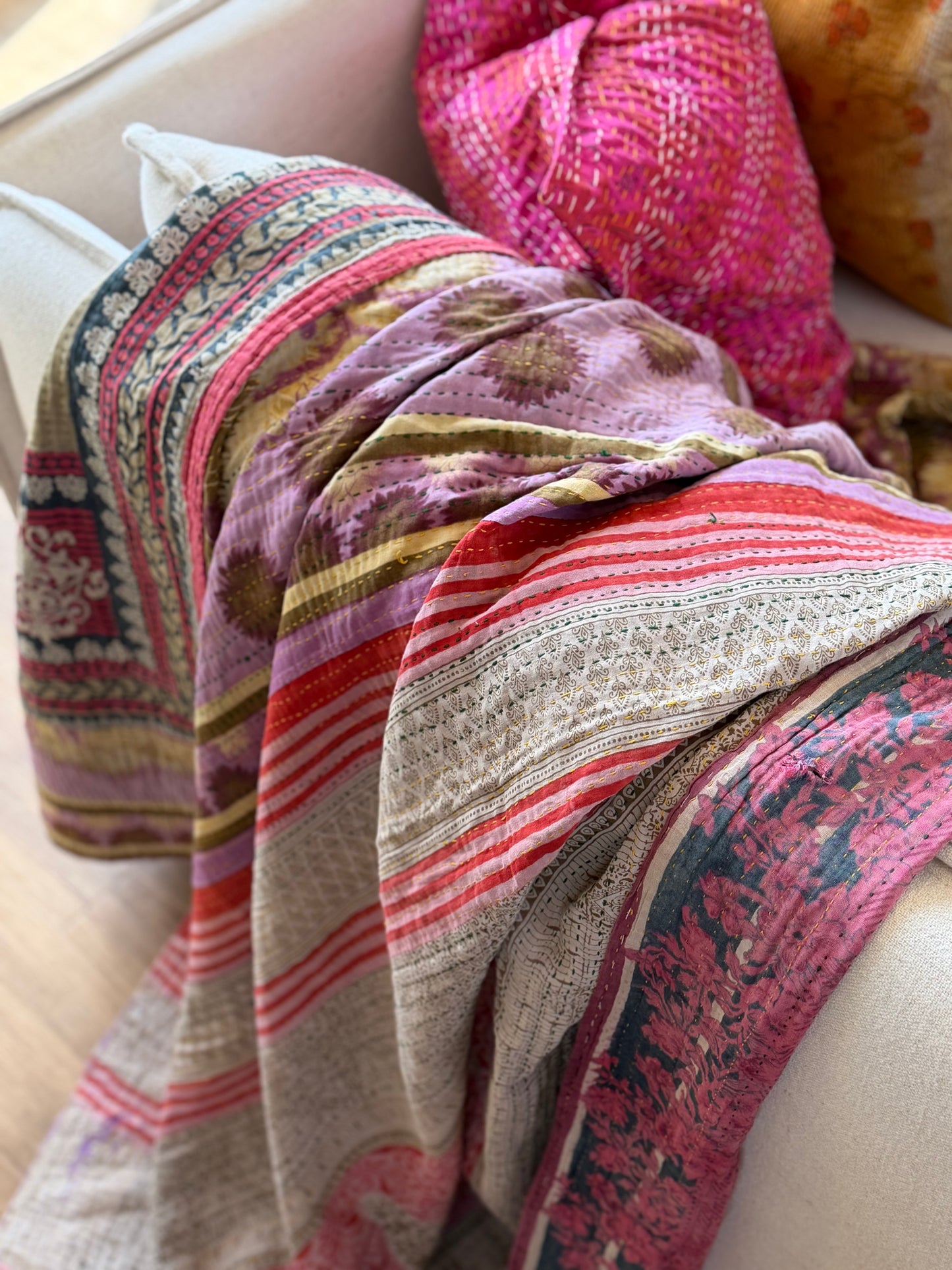 Fine Stitched Vintage Kantha Quilt in Super Soft Pink and Purple