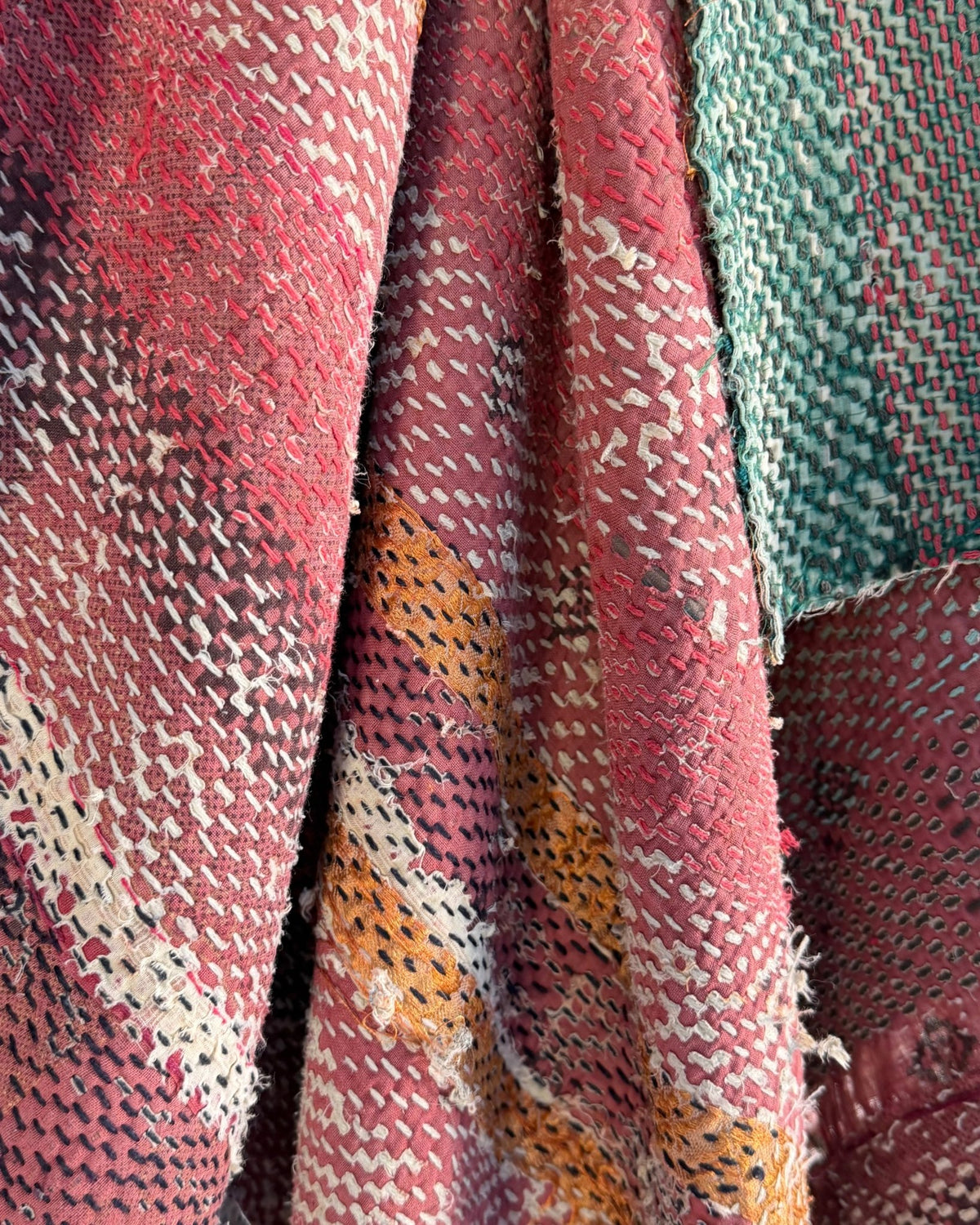Large Textured Vintage Kantha Quilt In Pink Stripes and Moon Pattern - BED PICTURES - Biggs & Hill