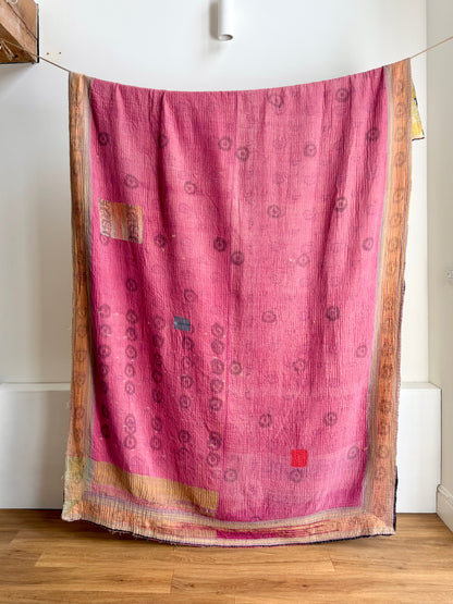 Extra Large Fine Stitched Vintage Kantha Quilt in Pink And Yellow