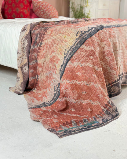 Large Extra Fine Stitched Vintage Kantha Quilt in Pinks and Greys