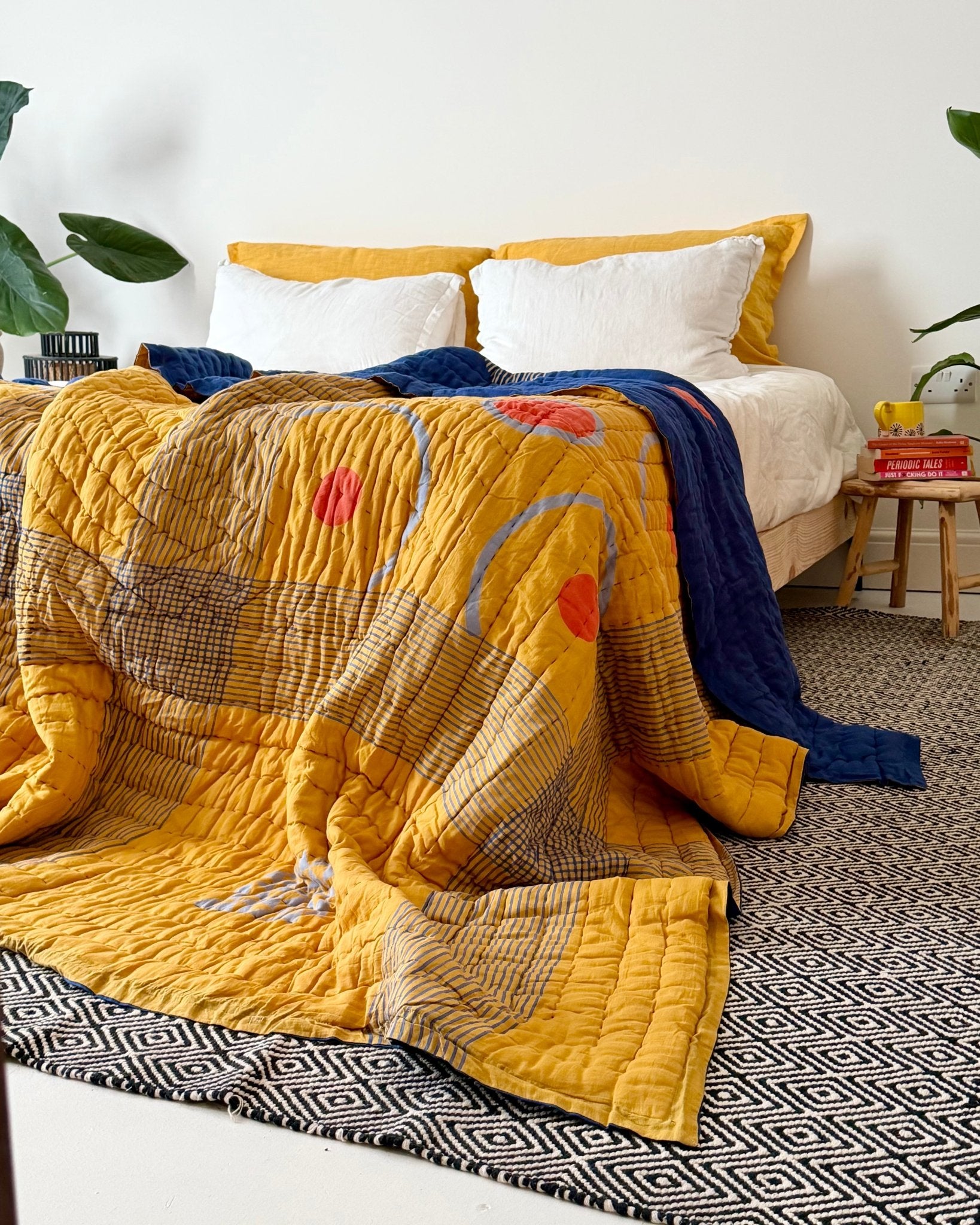 Quilted Kantha In Blue and Yellow With Geometric Patterns - SUPER KING - Biggs & Hill