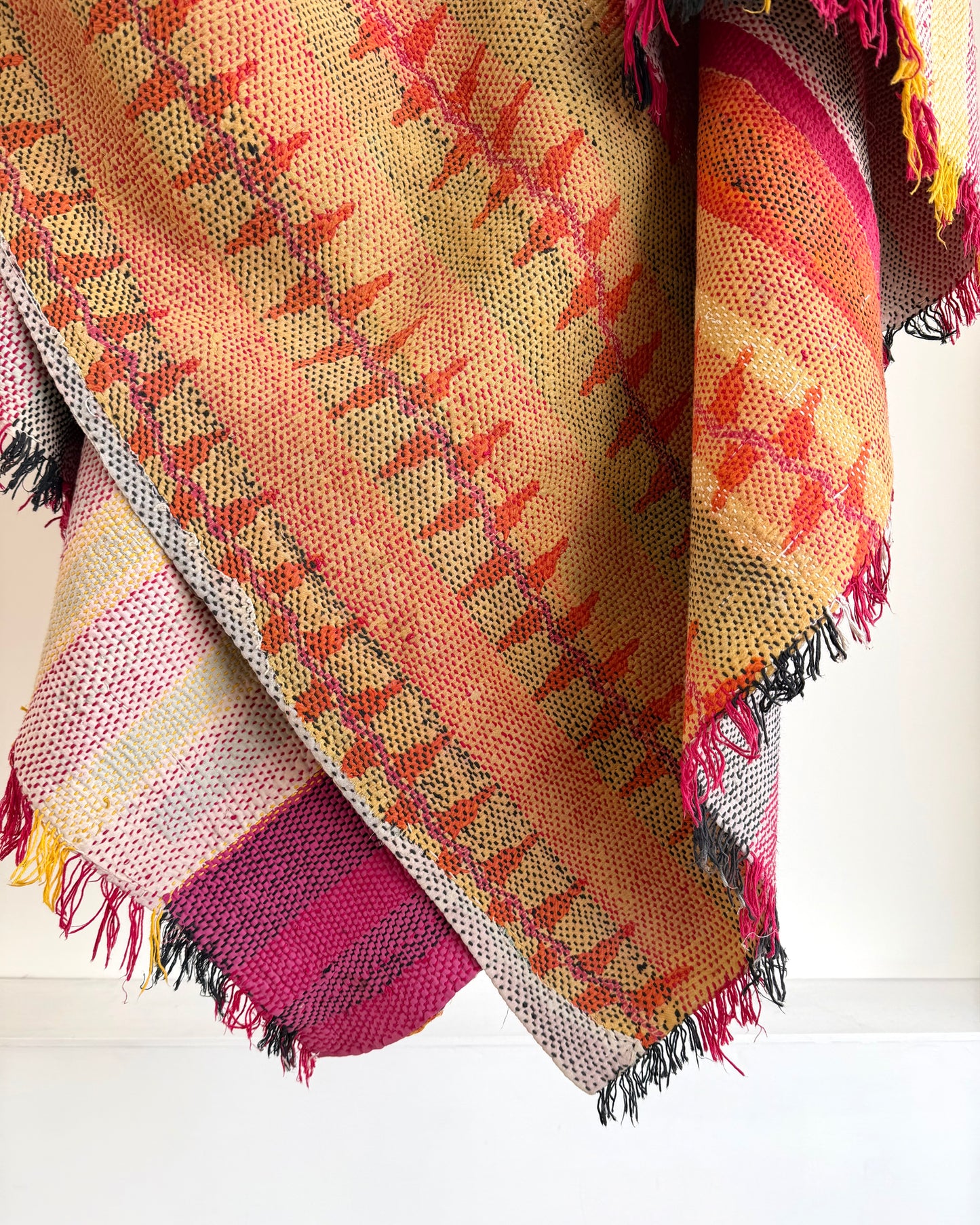 Heavy Kantha Blanket Quilt in Pink and Orange Stripe