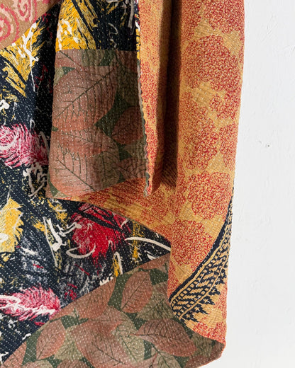 Large Fine Stitched Vintage Kantha Quilt in Pinks, Burgundy and Yelllows - Biggs & Hill