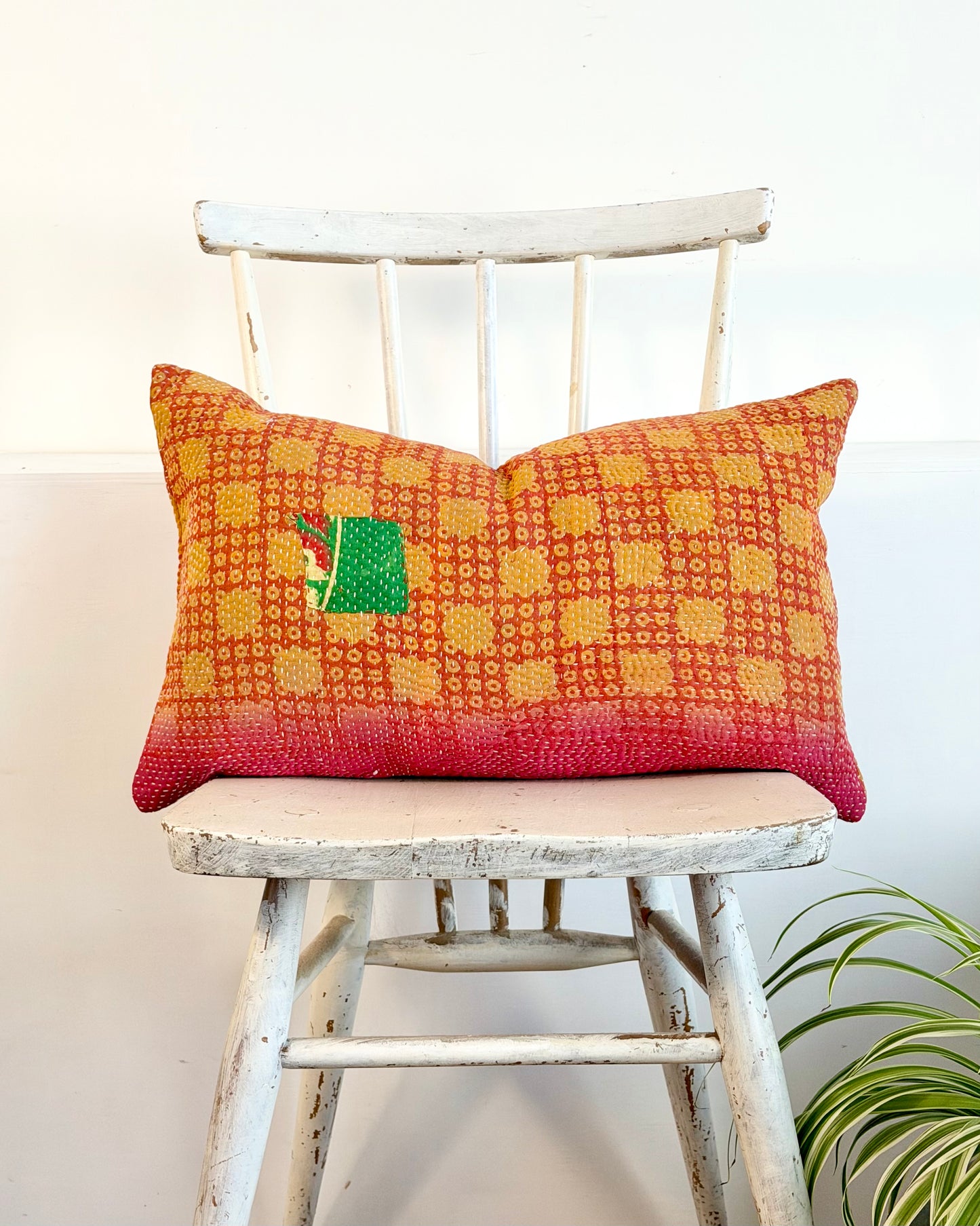 Vintage Kantha Cushion In Pink and Yellow - Small Rectangular