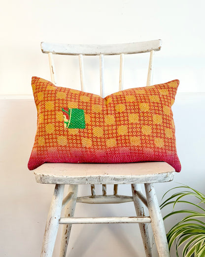 Vintage Kantha Cushion In Pink and Yellow - Small Rectangular