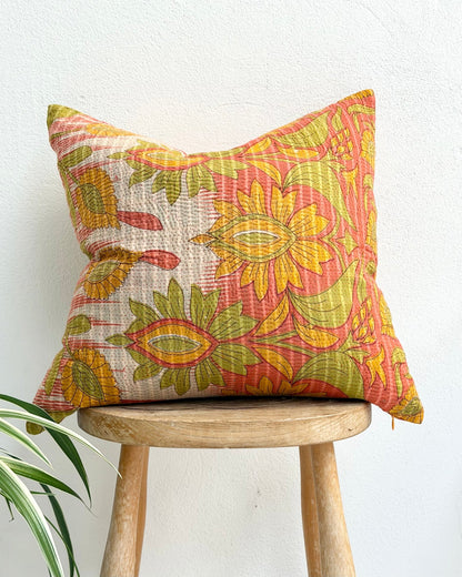 Handmade Reversible Vintage Kantha Cushion Cover In Retro Floral - 45cm (18") - Biggs & Hill