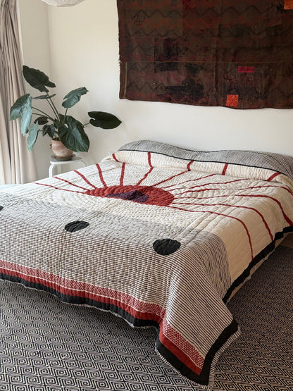 Quilted Kantha With Sun Pattern In Black, White and Red - KING - Biggs & Hill