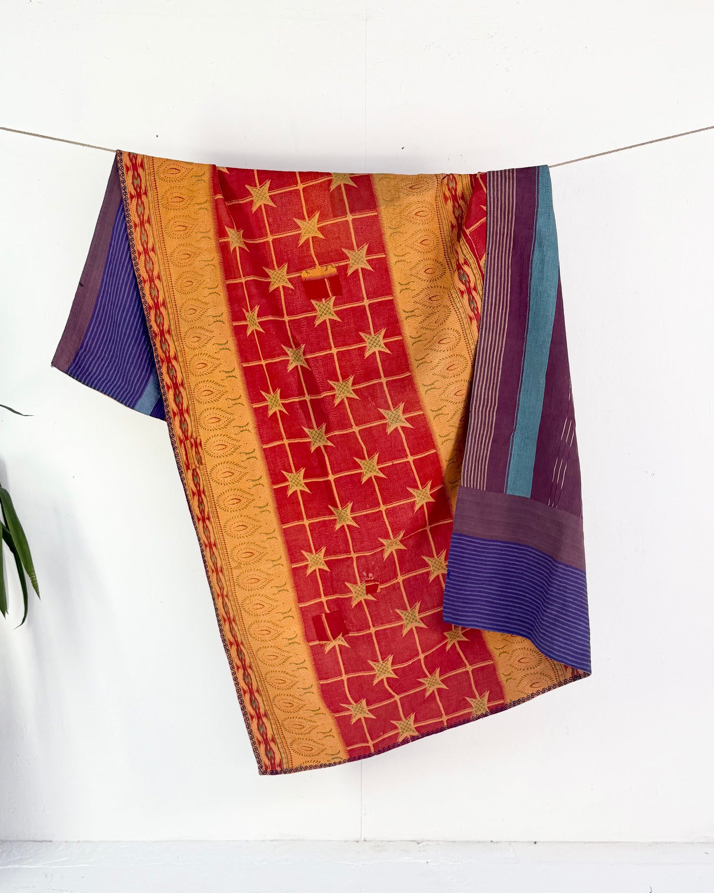 Extra Large Fine Stitched Vintage Kantha Quilt in Mustard Yellow, Red and Blue