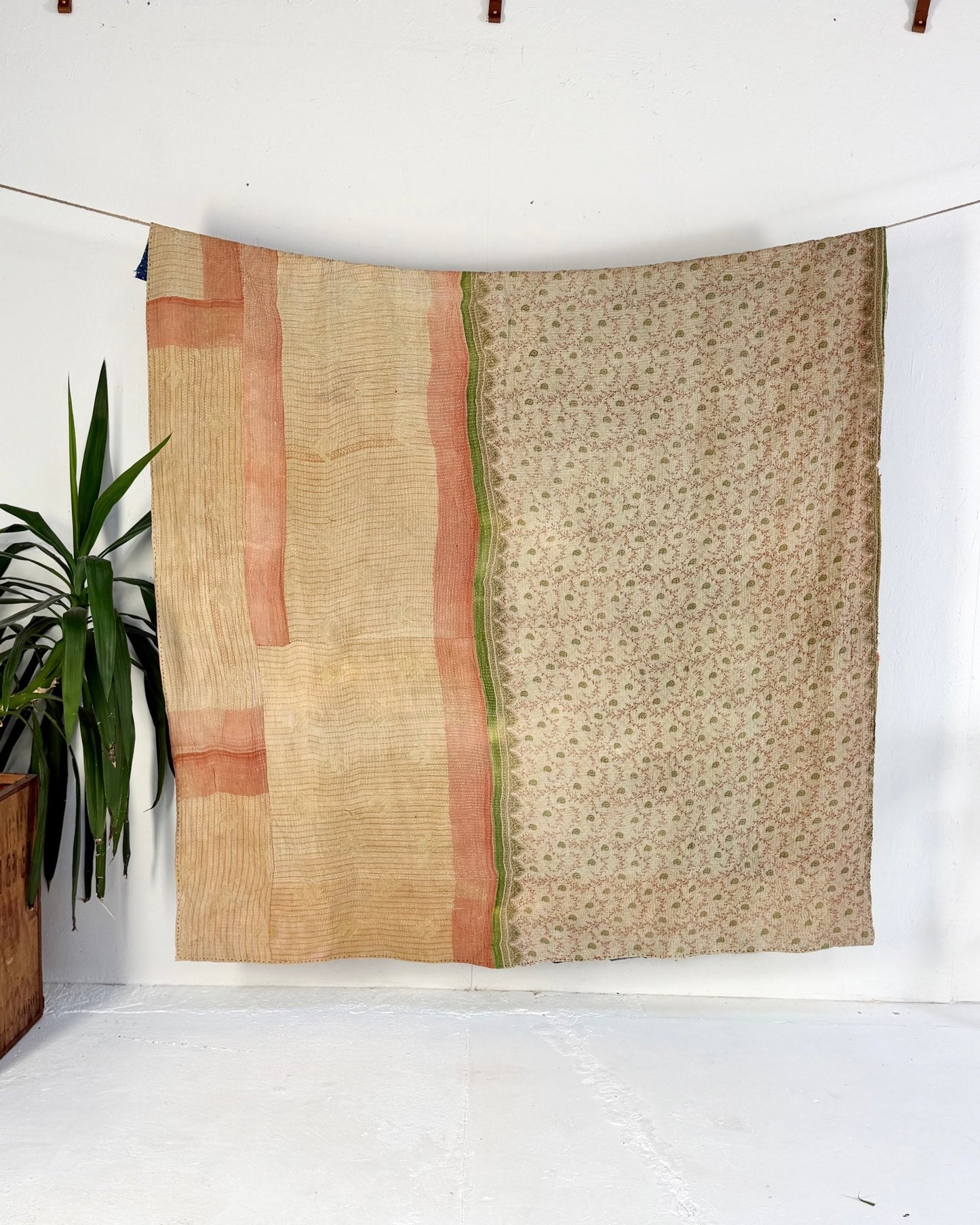 Fine Stitched Vintage Kantha Quilt in Patchwork Blue, White and Green - Biggs & Hill