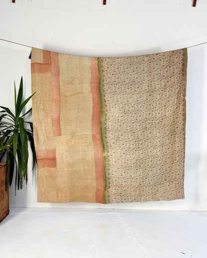 Fine Stitched Vintage Kantha Quilt in Patchwork Blue, White and Green - Biggs & Hill